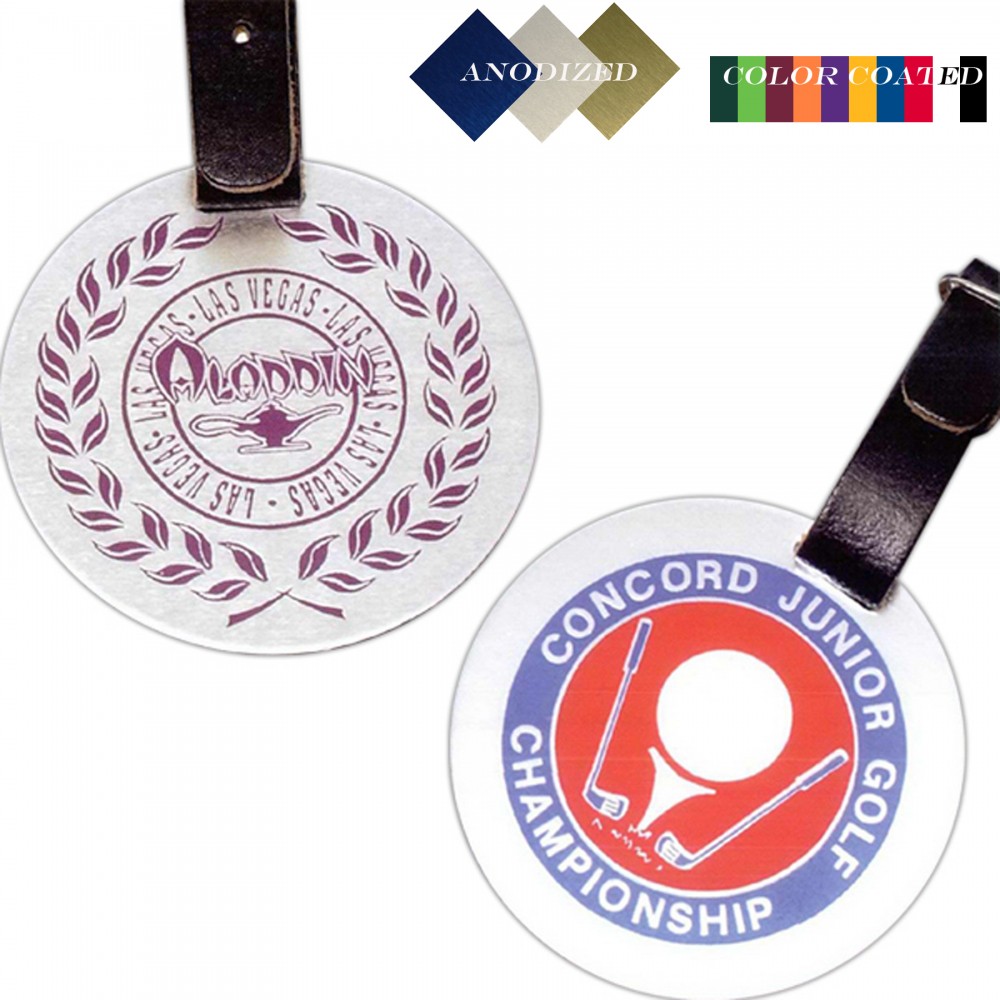 2.75" Round Aluminum Luggage /Golf Bag Tag with an Epoxy Screen Printed imprint. Made in the USA. Custom Imprinted