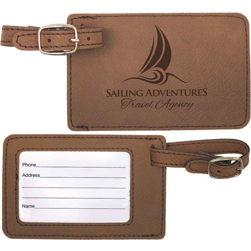 Luggage Tag, Dark Brown Faux Leather, 4 1/4" x 2 3/4" with Logo