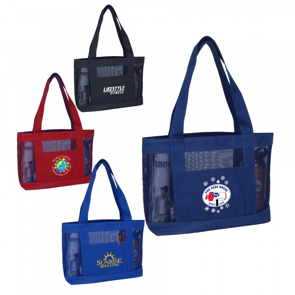 Solid Color Polyester Mesh Tote Bag with Logo
