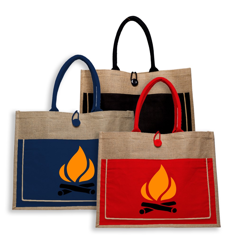 Logo Branded Two Tone Jute Tote Bag W/ Front Pocket & Colored Handles