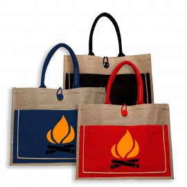 Promotional Two tone Jute Tote Bag w/ Front Pocket & Colored Handles & Gusset (17.75" x 13.75")