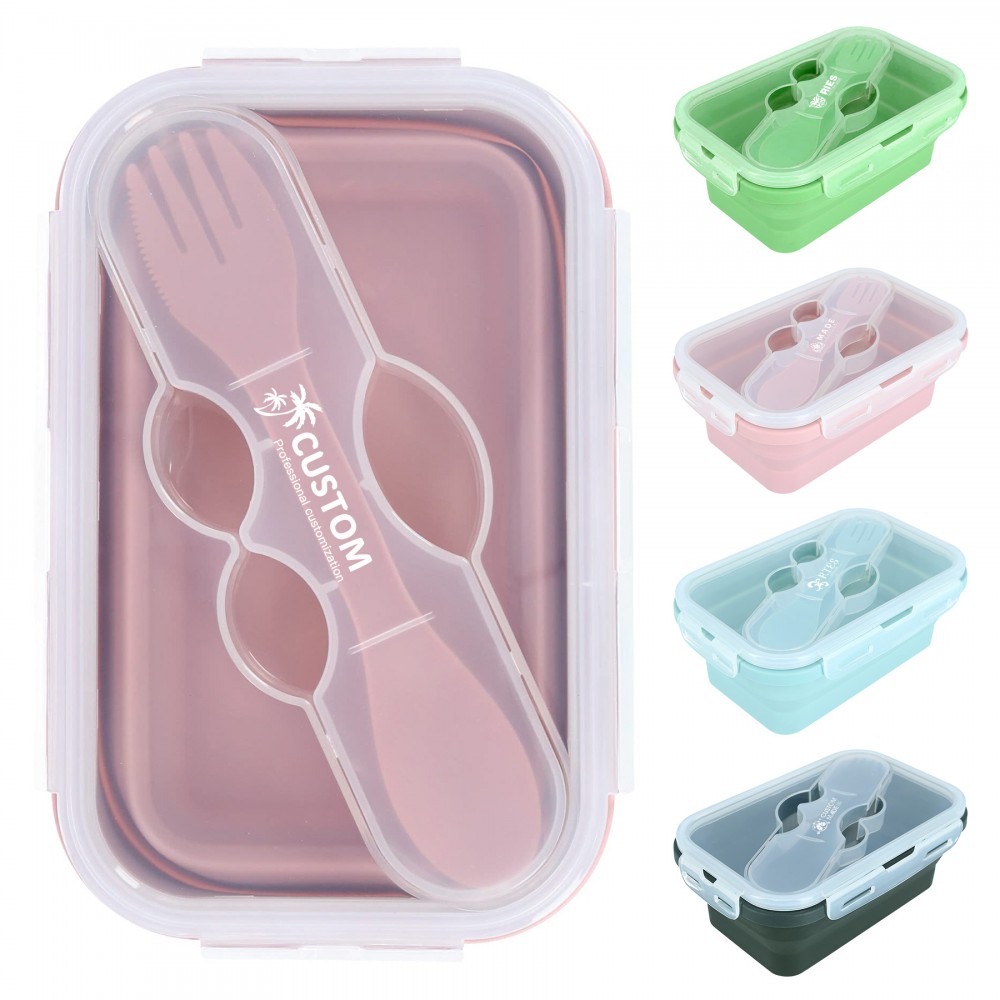 Custom 500ML Collapsible Silicone Lunch Box With Cutlery Custom 500ML Collapsible Silicone Lunch Box With Cutlery