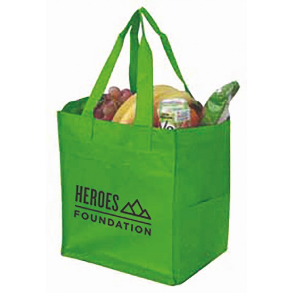 Logo Branded Lime Green, Non-Woven 10" Gusset Grocery Tote with Side Pockets