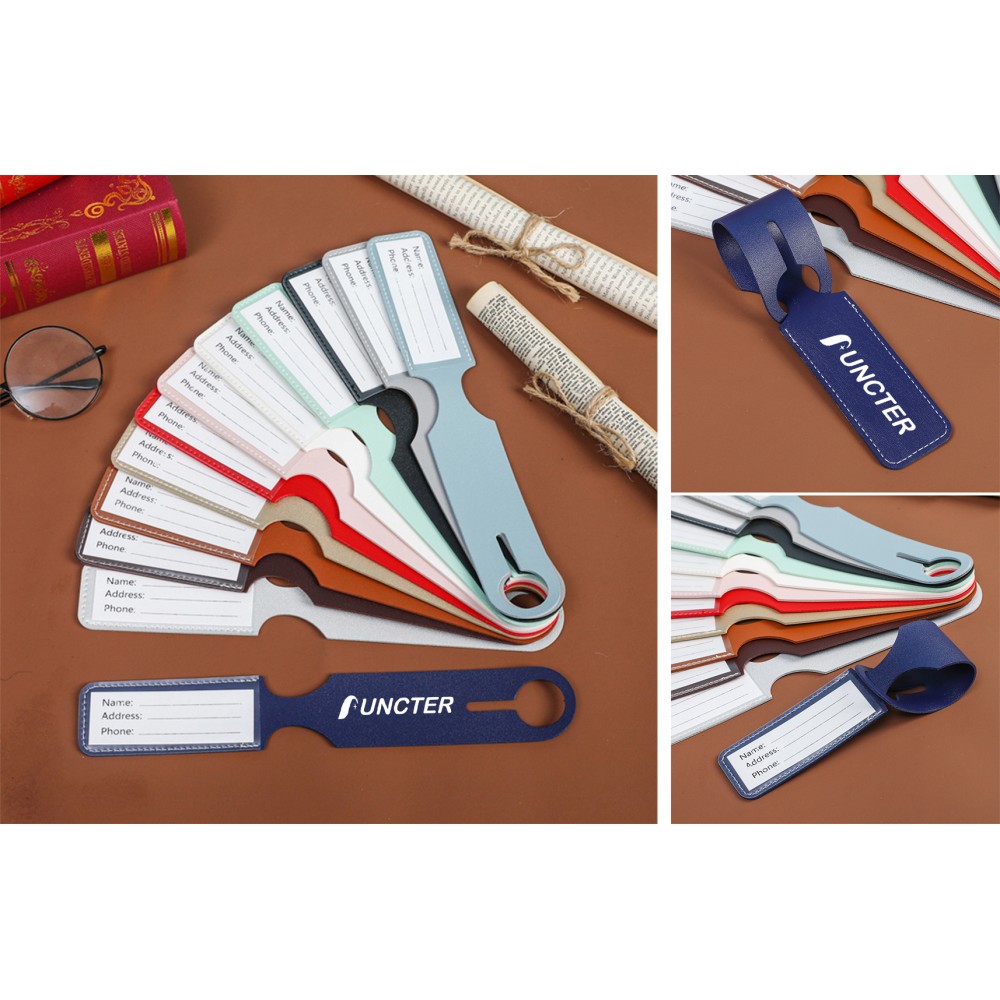 One-Piece Colorful Long Rectangular Shape PU Leather Luggage Tag Personalizable Travel ID Tag with Logo