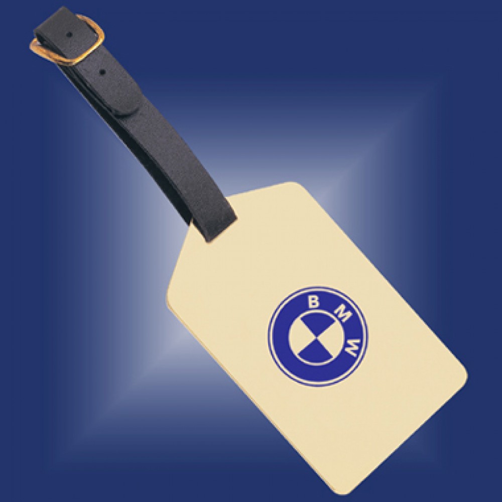 Logo Branded Brass Luggage Tag with Genuine Leather Strap - ON SALE - LIMITED STOCK