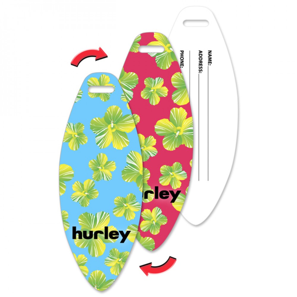 Surfboard Luggage Tag w/Hawaiian Flowers Lenticular Flip Design (Imprinted) Logo Branded Surfboard Luggage Tag w/Hawaiian Flowers Lenticular Flip Design (Imprinted) Logo Branded