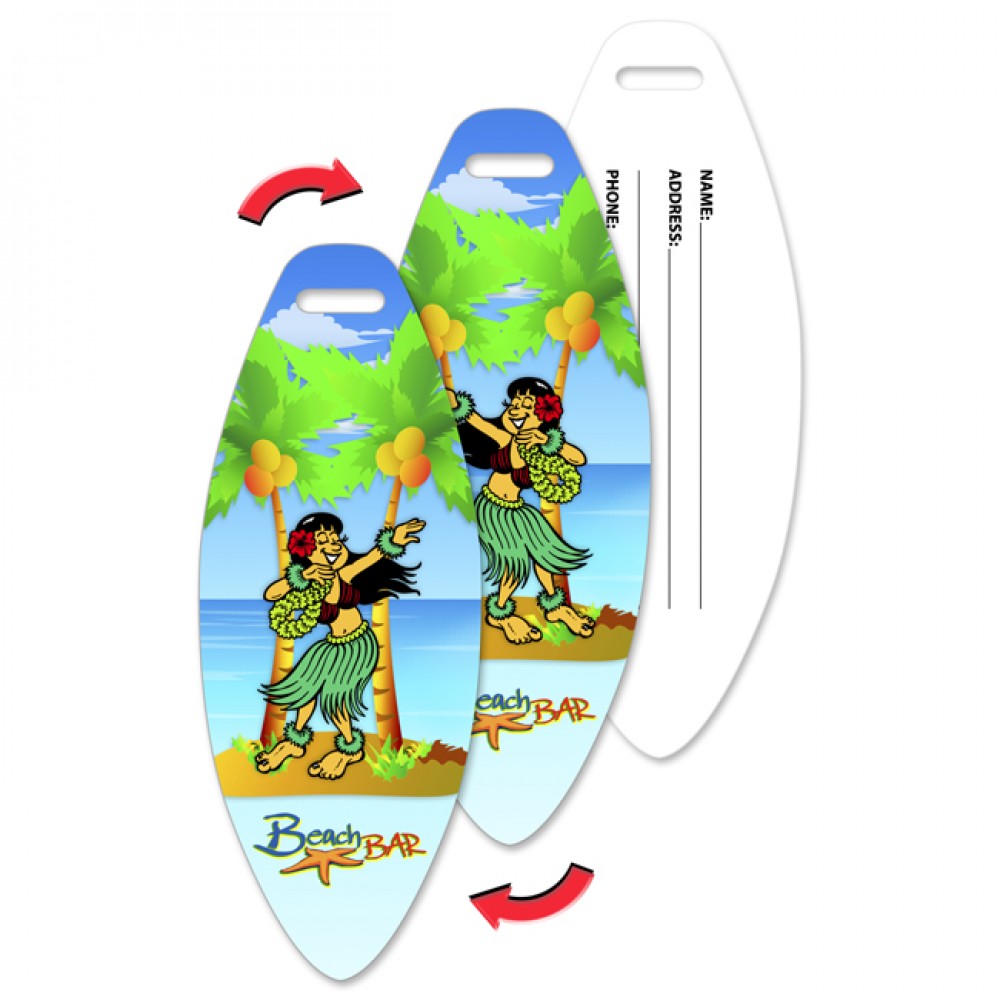 Custom Printed Surfboard Luggage Tag w/Hawaiian Hula Girl Lenticular Flip Design (Custom) Custom Printed Surfboard Luggage Tag w/Hawaiian Hula Girl Lenticular Flip Design (Custom)