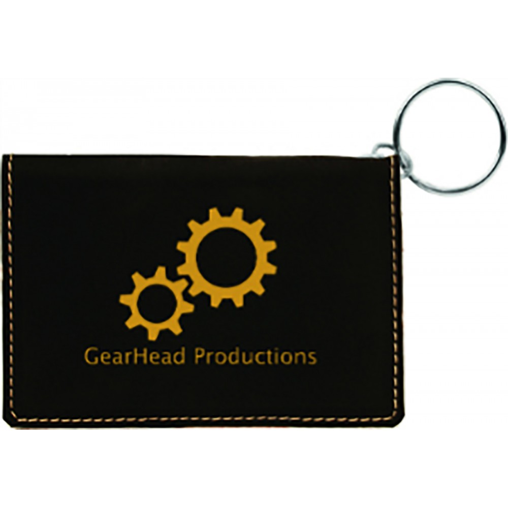 4 1/4" x 3" Black/Gold Laserable Leatherette Keychain ID Holder Custom Printed 4 1/4" x 3" Black/Gold Laserable Leatherette Keychain ID Holder Custom Printed