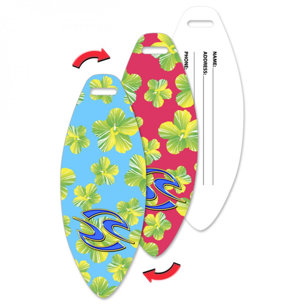 Surfboard Luggage Tag w/Hawaiian Flowers Lenticular Flip Design (Custom) Custom Imprinted Surfboard Luggage Tag w/Hawaiian Flowers Lenticular Flip Design (Custom) Custom Imprinted
