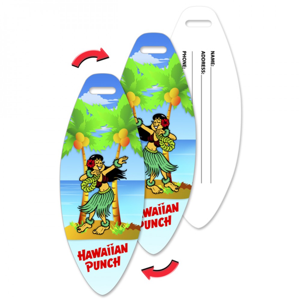 Surfboard Luggage Tag w/Hawaiian Hula Girl Lenticular Flip Design (Imprinted) Custom Imprinted Surfboard Luggage Tag w/Hawaiian Hula Girl Lenticular Flip Design (Imprinted) Custom Imprinted