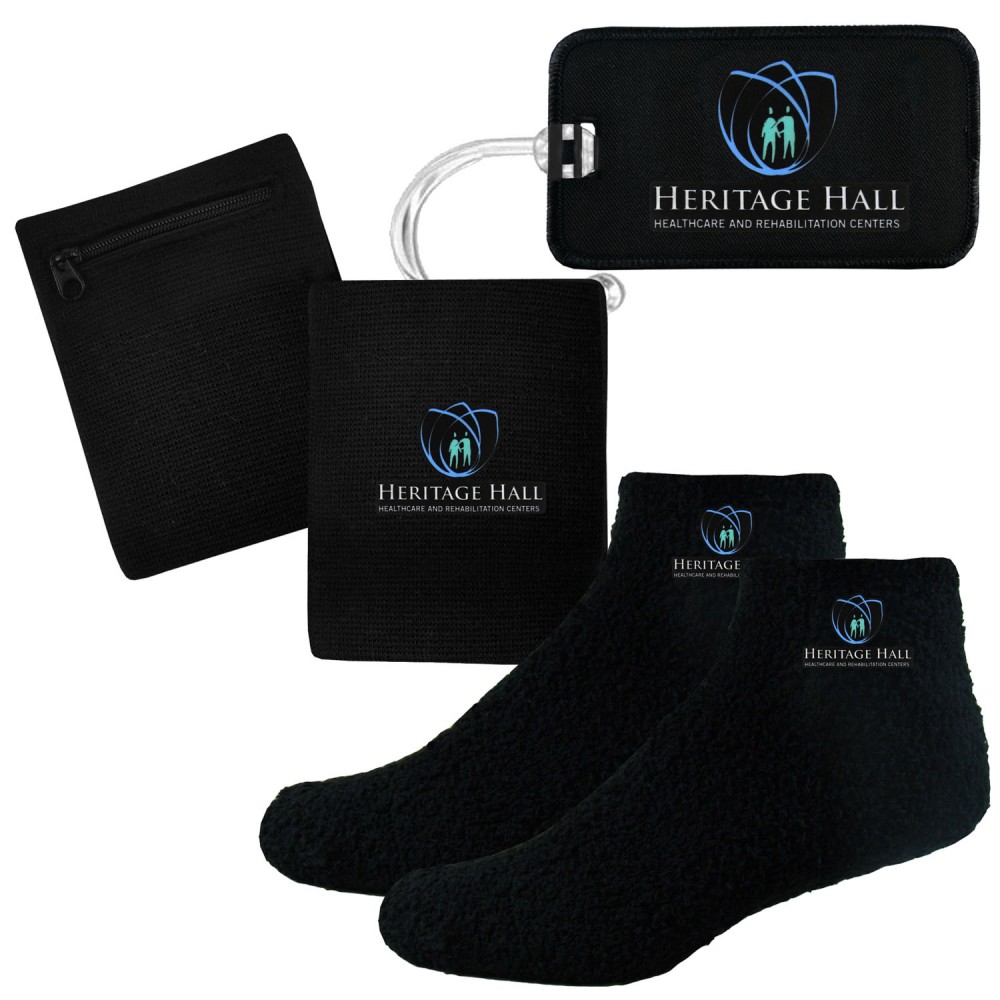 Fuzzy Feet Slipper Socks, Luggage Tag & RFID Blocking Wristband Wallet Combo Logo Branded Fuzzy Feet Slipper Socks, Luggage Tag & RFID Blocking Wristband Wallet Combo Logo Branded