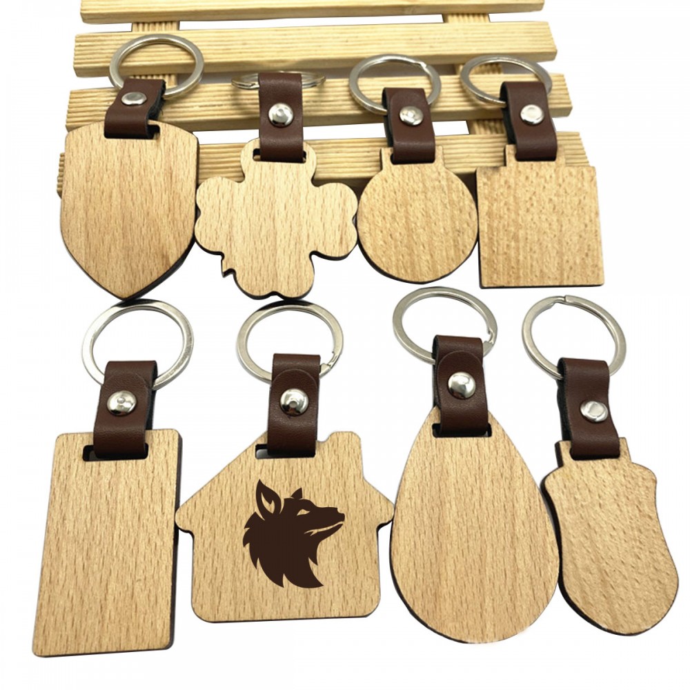 Custom Wooden Keychain With Leather Strap with Logo