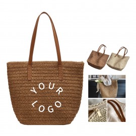 Logo Branded Straw Woven Tote Shoulder Bag With PU Leather Handle  Logo Branded Straw Woven Tote Shoulder Bag With PU Leather Handle