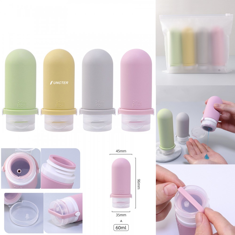 2 OZ Travel Bottles Set For Toiletries, Silicone Travel Shampoo and Conditioner Bottles (4 Pcs Set) with Logo