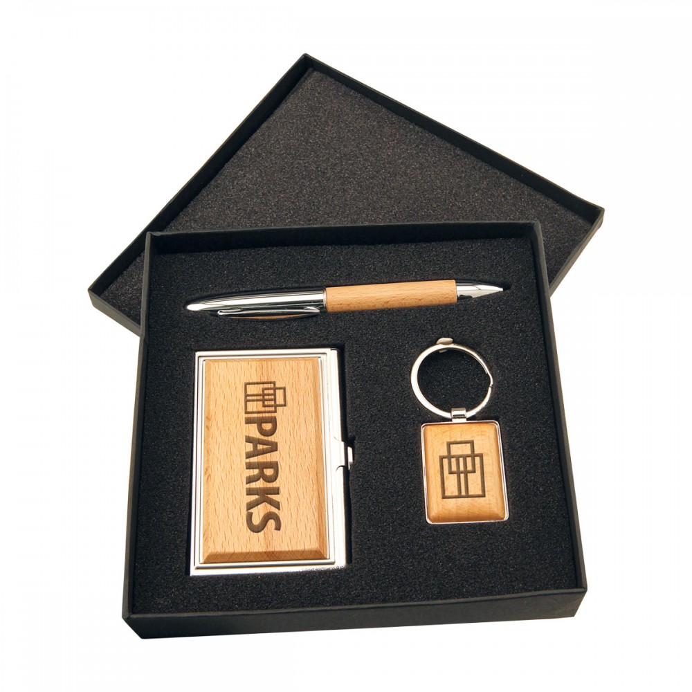 Logo Branded Silver/Wood Finish Gift Set with Business Card Case, Pen & Keychain