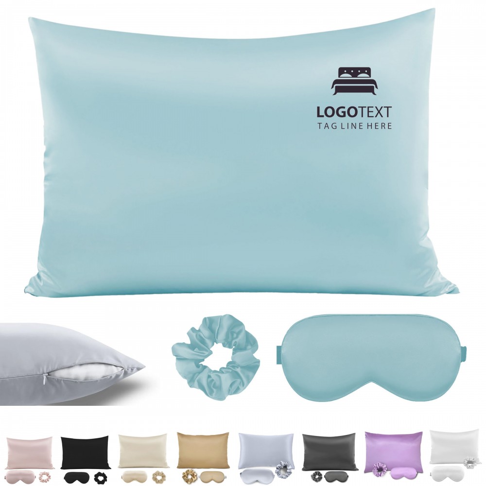 Satin Pillowcase Scrunchies Eye Mask Sleep Set with Logo Satin Pillowcase Scrunchies Eye Mask Sleep Set with Logo