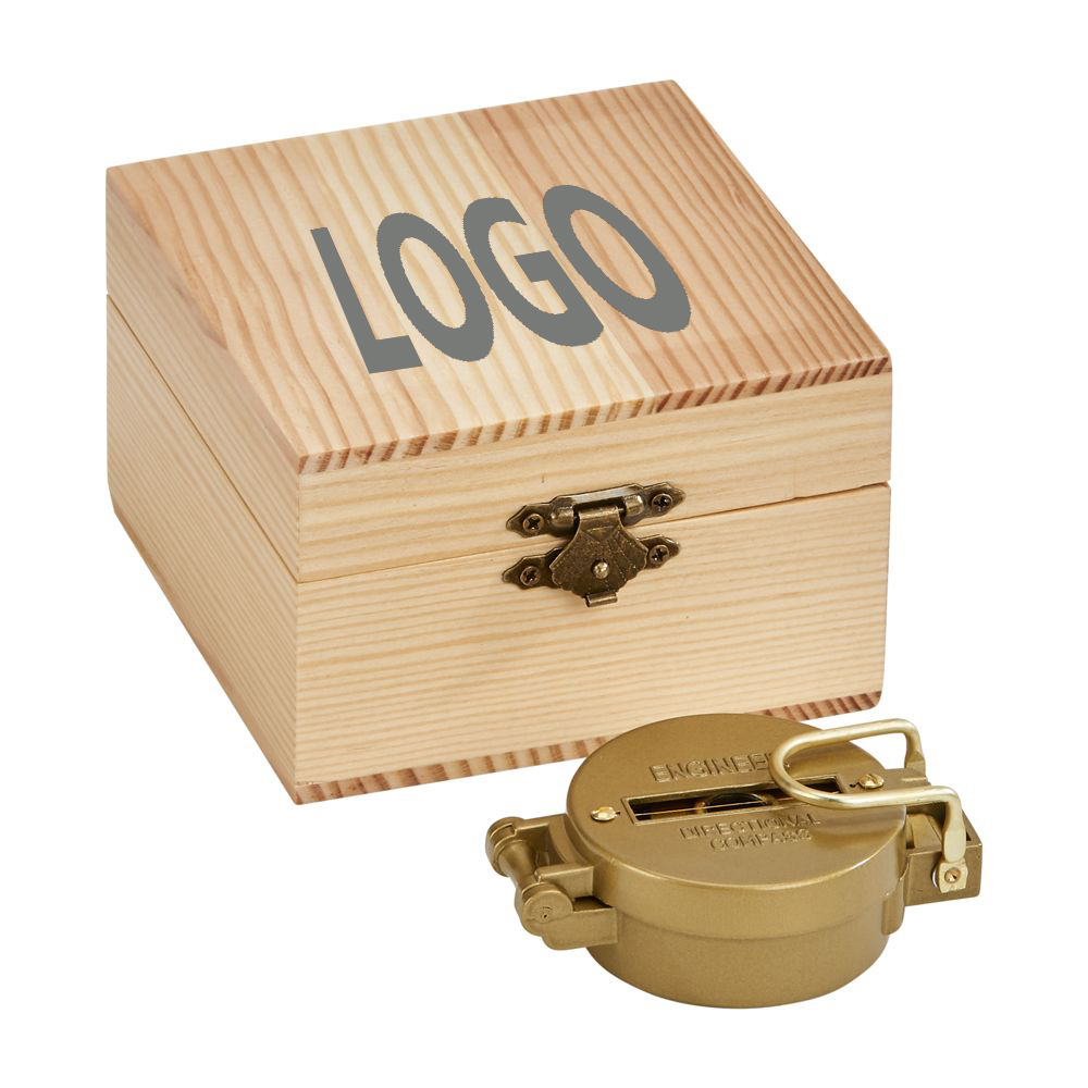 Natural Pine Wood Box w/ Brass Compass with Logo