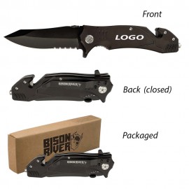 Black Anodized Aluminum Rescue Knife with Logo  Black Anodized Aluminum Rescue Knife with Logo