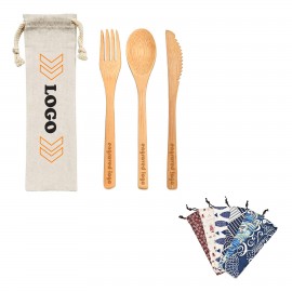 3 Piece Bamboo Utensil Set in Travel Pouch with Logo