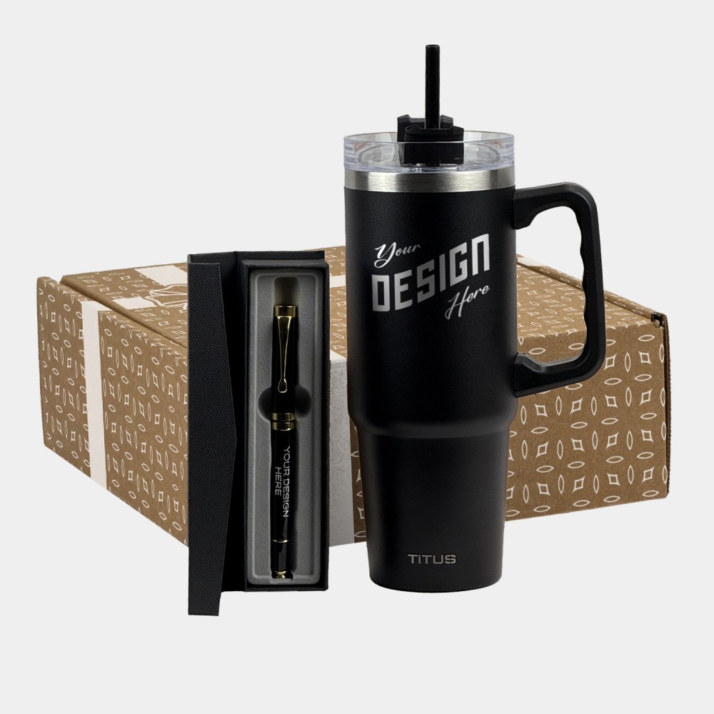 TiTUS Insulated Travel Mug & Chrome Trim Pen Gift Set with Logo