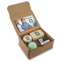 Wellness Gift Set - Soap, Bath Bomb, Essential Oil, Candle Tin, and Lip Balm with Logo  Wellness Gift Set - Soap, Bath Bomb, Essential Oil, Candle Tin, and Lip Balm with Logo