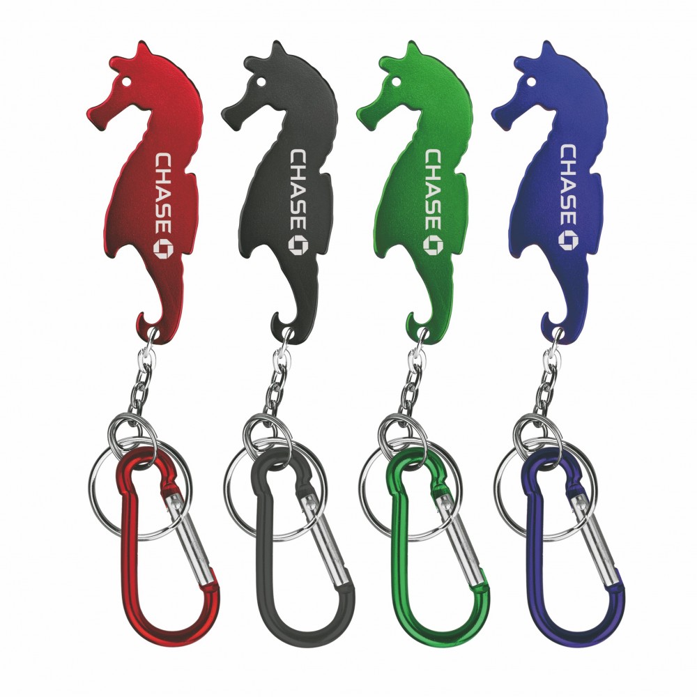Sea Horse Shaped Bottle Opener w/Key Chain & Carabiner with Logo