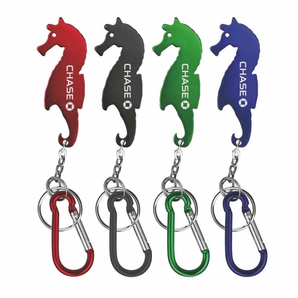 Personalized Sea Horse Shaped Bottle Opener w/Key Chain & Carabiner Personalized Sea Horse Shaped Bottle Opener w/Key Chain & Carabiner