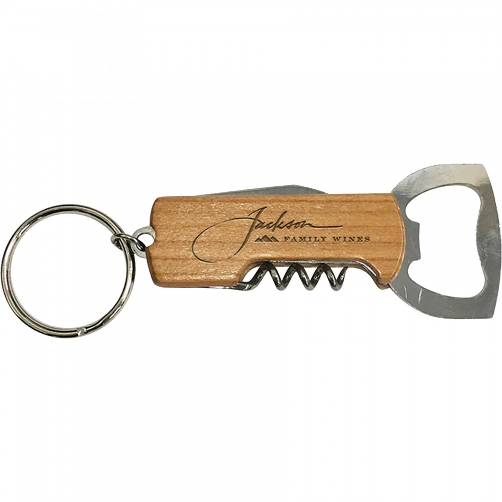 Logo Branded Wood Bottle Opener - Keychain Bottle Opener/Corkscrew Combo