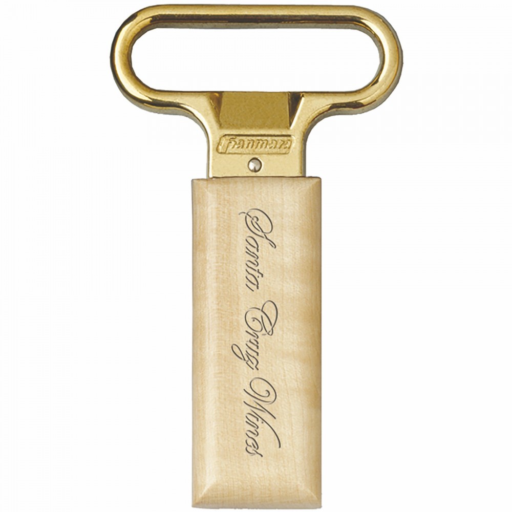Ahh Super! Two-Prong Brass Plated Cork Extractor w/Birch Sheath Logo Branded Ahh Super! Two-Prong Brass Plated Cork Extractor w/Birch Sheath Logo Branded