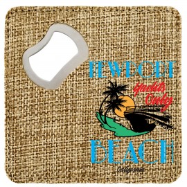 Sublimated 4" x 4" Square Burlap Bottle Opener & Coaster with Logo  Sublimated 4" x 4" Square Burlap Bottle Opener & Coaster with Logo