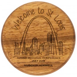 Logo Branded Wood Bottle Opener - Round with Metal Jaw on Back