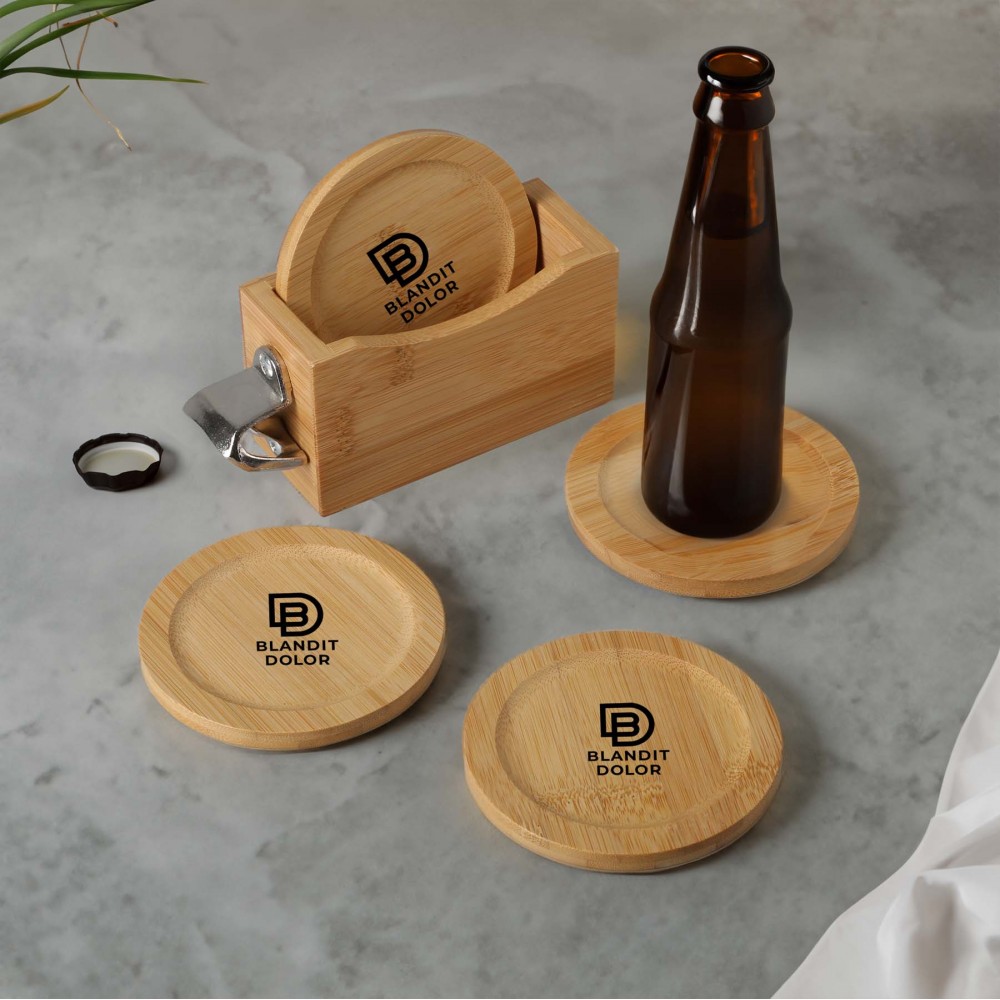 Customized Bamboo Coaster Set w/ Bottle Opener