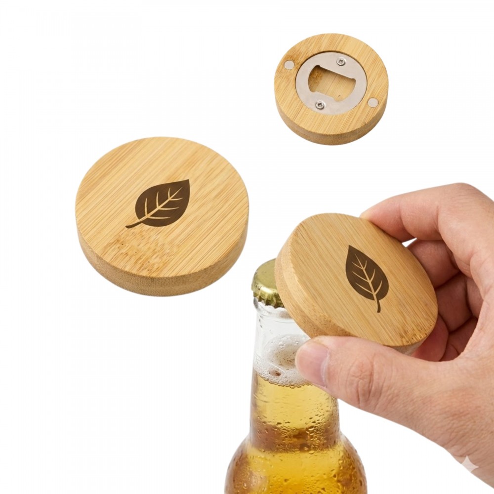 Promotional Round Bamboo Magnetic Bottle Opener