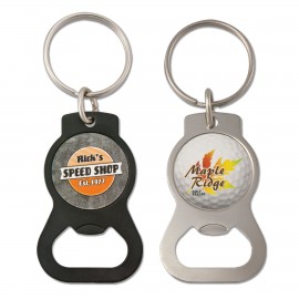 Logo Branded Silver Metal Bottle Opener Keychain w/Round Center