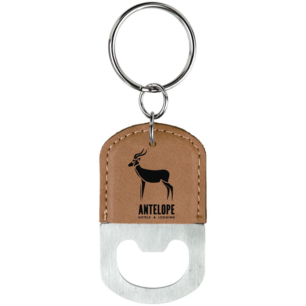 Logo Branded 2.5x1.5 Light Brown Leatherette Bottle Opener Keychain Logo Branded 2.5x1.5 Light Brown Leatherette Bottle Opener Keychain