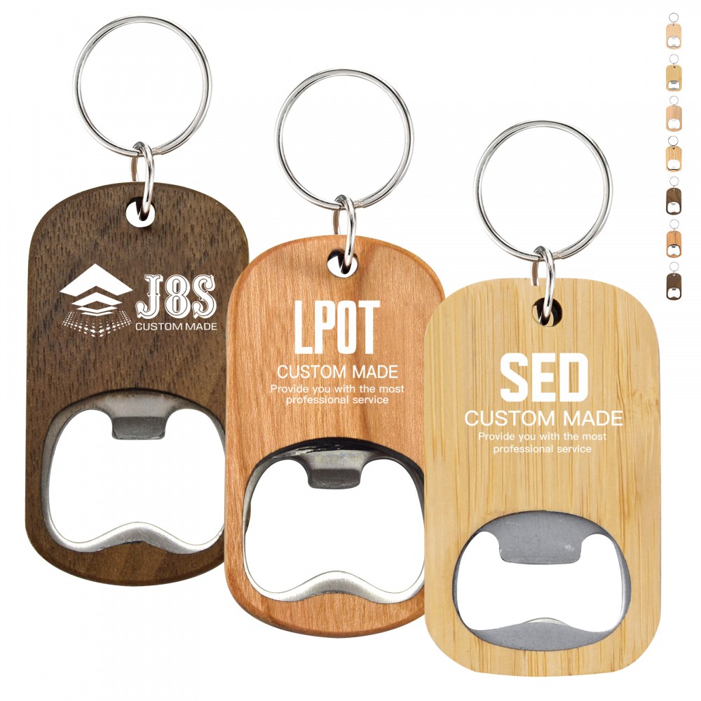 Wooden Handle Bottle Opener With Keychain with Logo