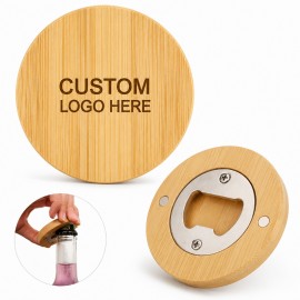 Promotional Round Bamboo Wood Bottle Opener Magnetic Back