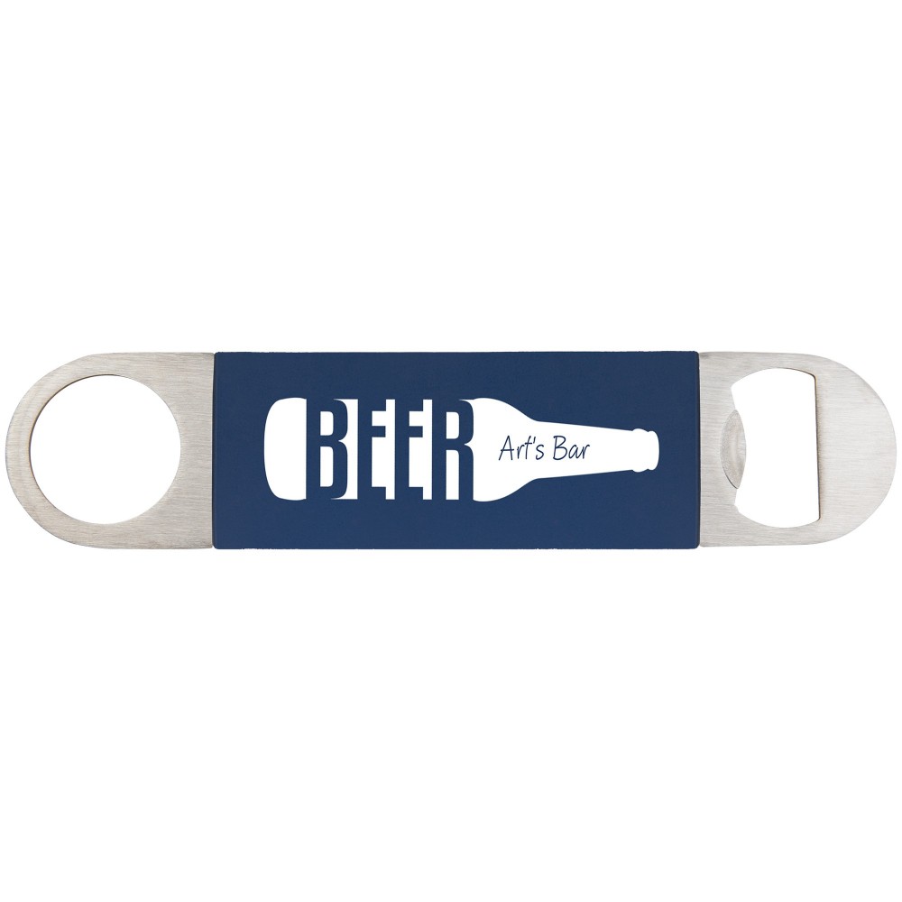 1 1/2" x 7" Navy Blue/White Bottle Opener with Silicone Grip Logo Branded