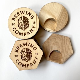 3.375" - Hexagon Wood Bottle Opener Coaster with Logo