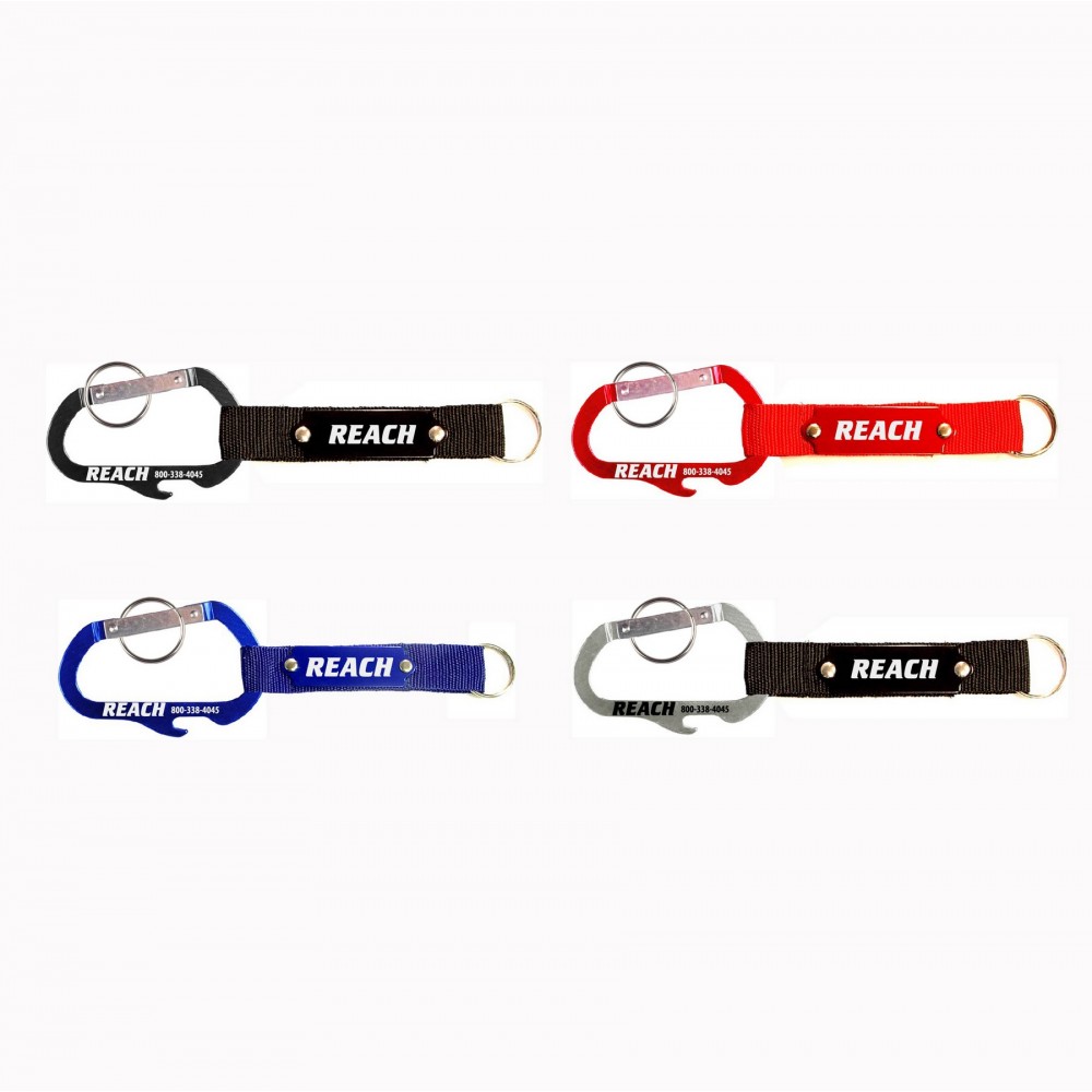 Carabiner with Bottle Opener Strap and Metal Plate with Logo