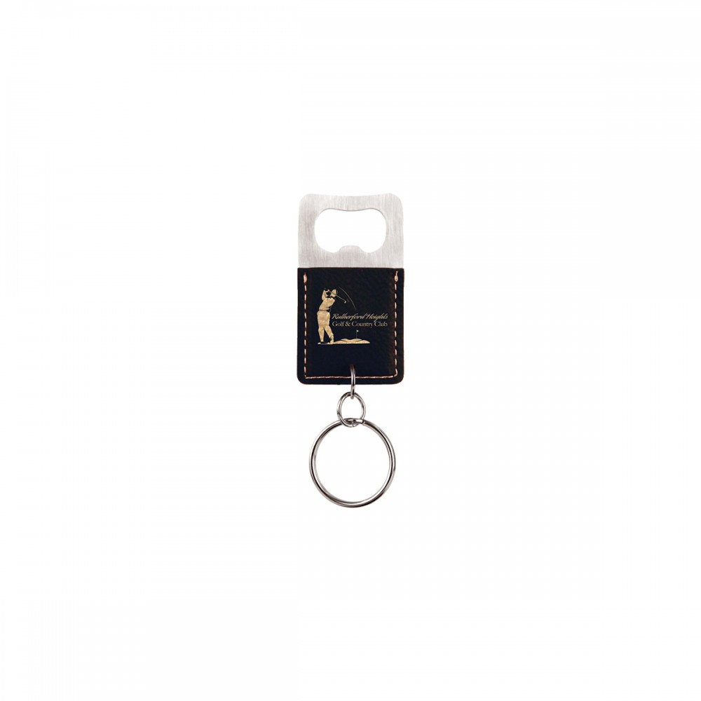 Black/Gold Rectangle Leatherette Bottle Opener Keychain with Logo