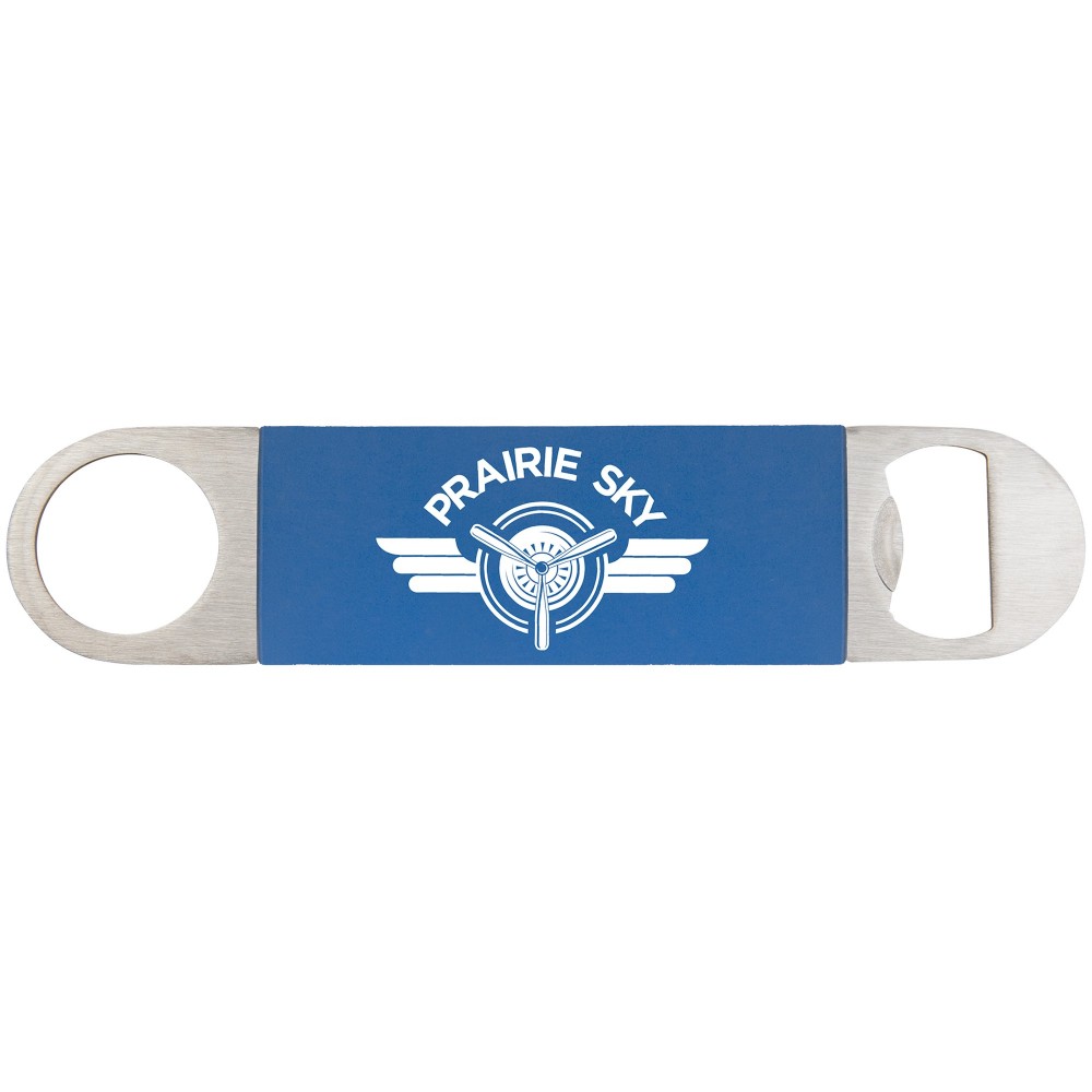 Custom Printed 1 1/2" x 7" Blue/White Bottle Opener with Silicone Grip
