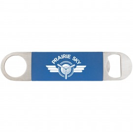 Custom Printed 1 1/2" x 7" Blue/White Bottle Opener with Silicone Grip