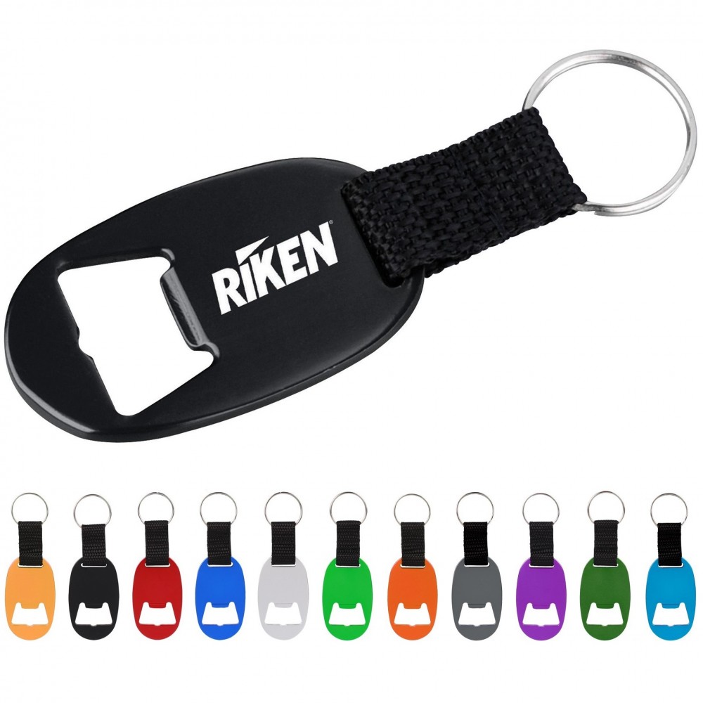Oval Bottle Opener Keychain w/ Strap with Logo