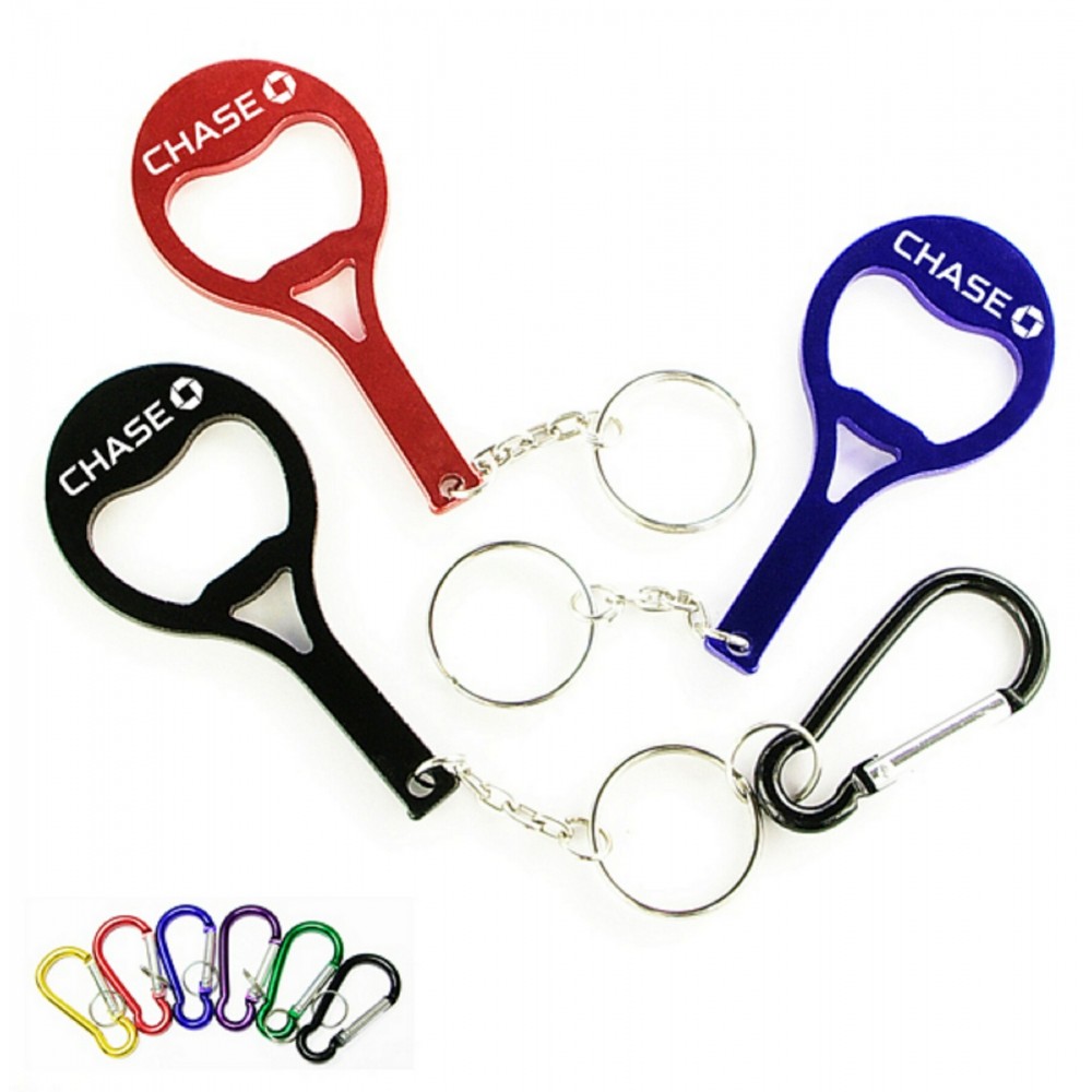 Tennis Racket Shape Aluminum Bottle Opener w/Split Key Ring & Carabiner with Logo
