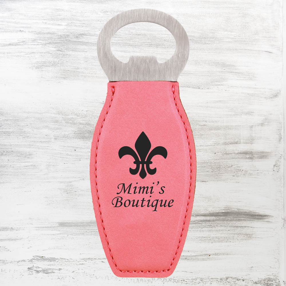 Pink Leatherette Bottle Opener with Magnet Custom Imprinted Pink Leatherette Bottle Opener with Magnet Custom Imprinted