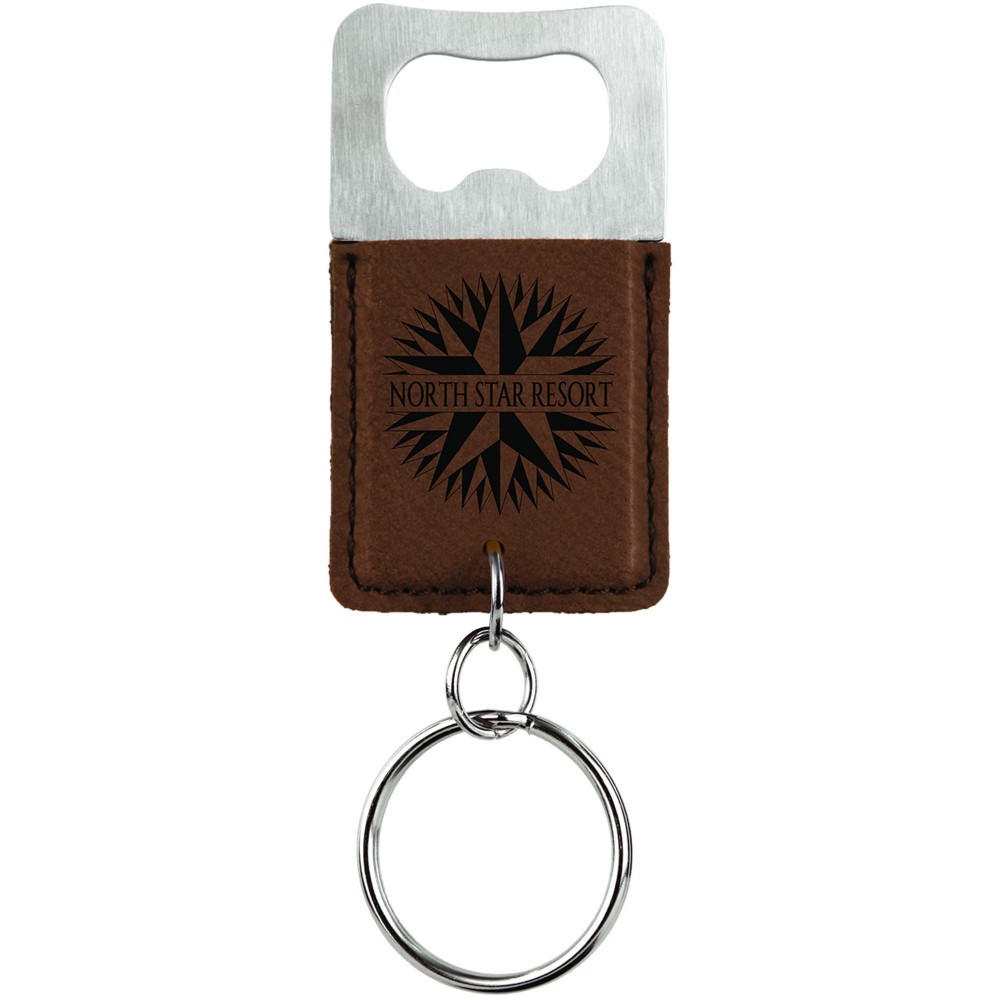 2.75x1.5 Dark Brown Leatherette Bottle Opener Keychain Custom Imprinted