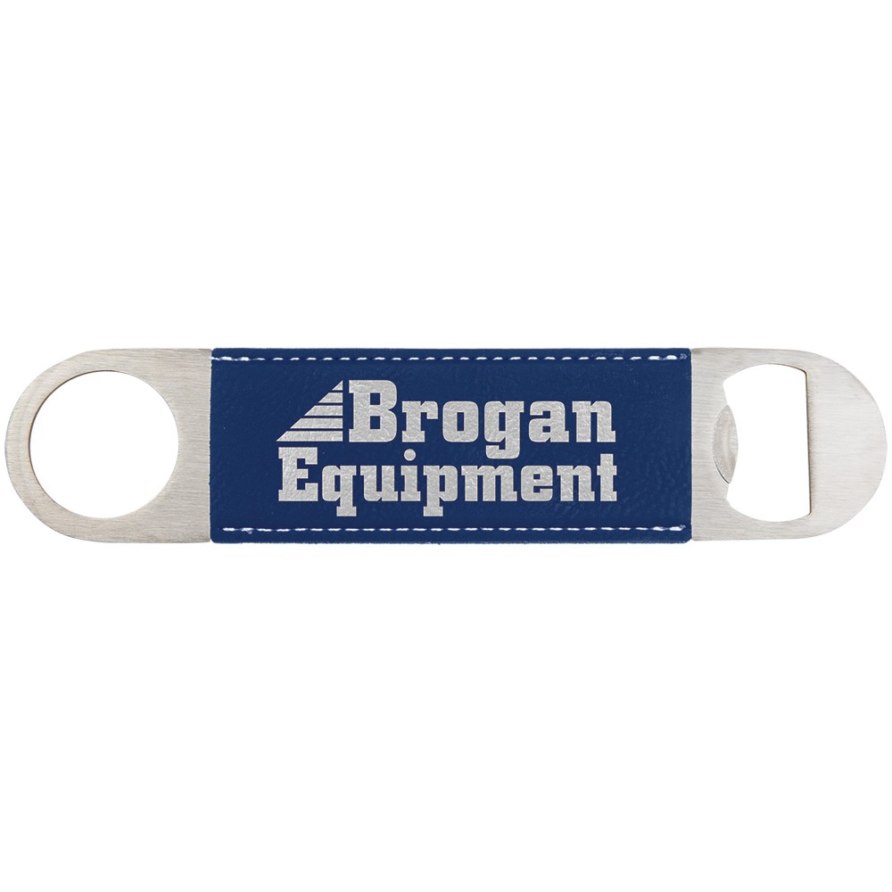 1 1/2" x 7" Blue/Silver Laser engraved Leatherette Bottle Opener Custom Imprinted 1 1/2" x 7" Blue/Silver Laser engraved Leatherette Bottle Opener Custom Imprinted