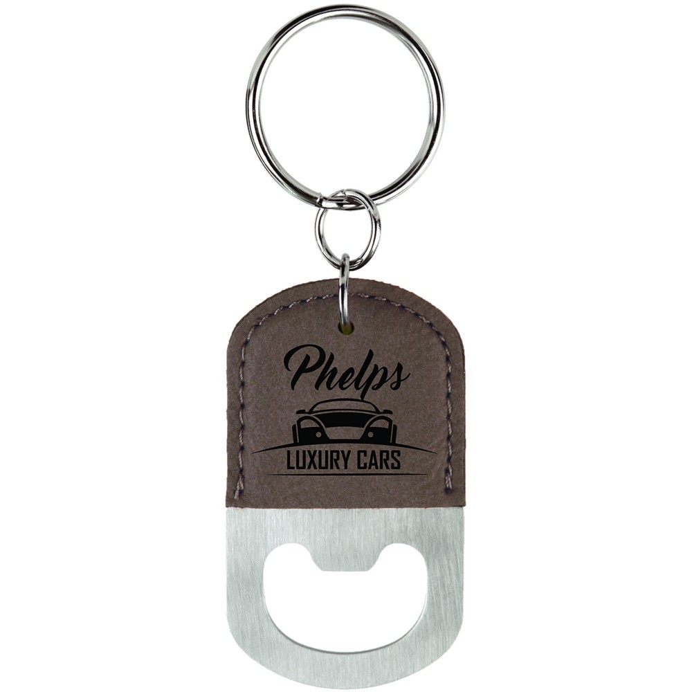 Custom Imprinted 2.5x1.5 Gray Leatherette Bottle Opener Keychain Custom Imprinted 2.5x1.5 Gray Leatherette Bottle Opener Keychain