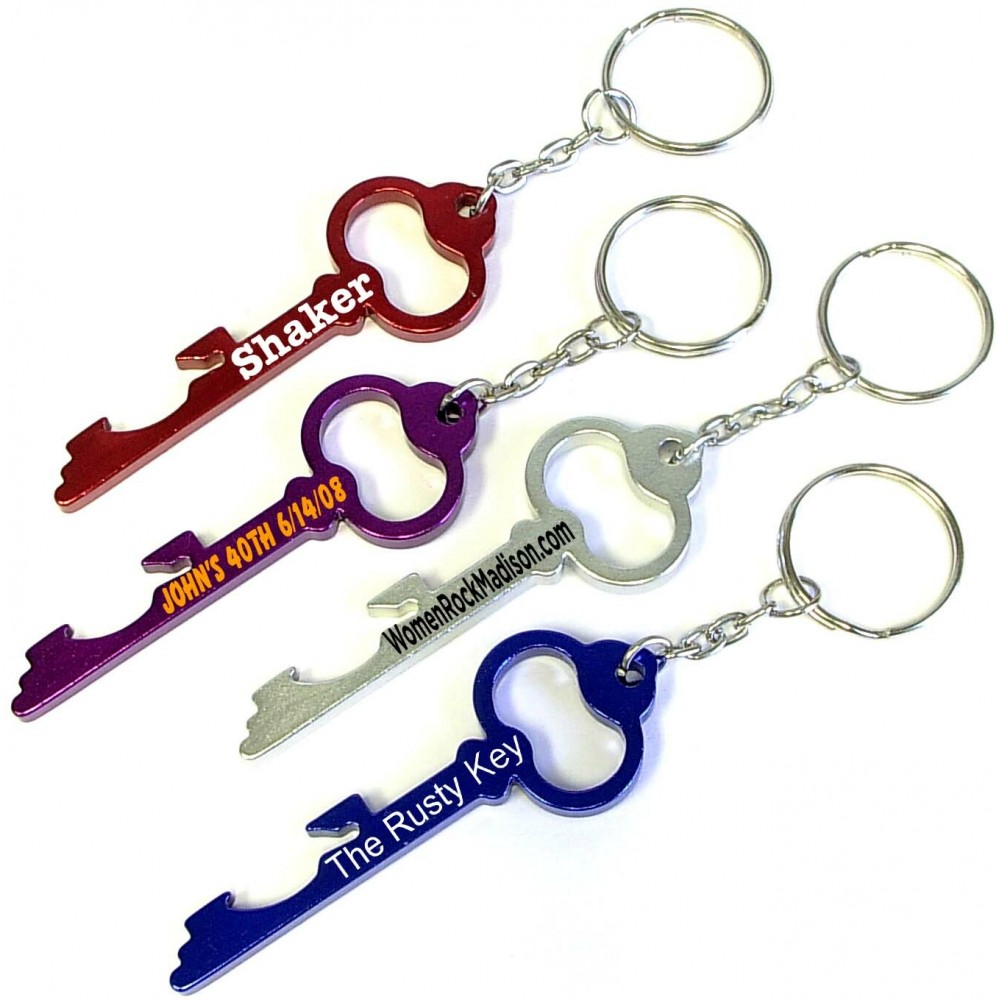 Custom Key Shaped Aluminum Bottle Opener w/Key Chain (Large Quantities)